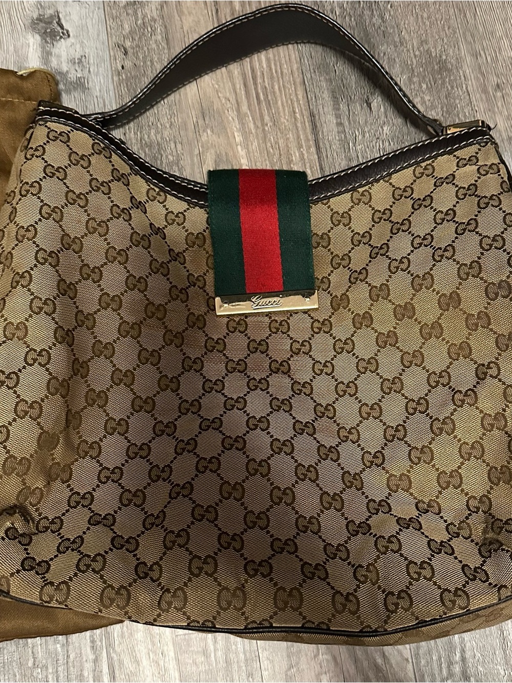 Gucci Brown GG Canvas Hobo Bag with Green-Red Web